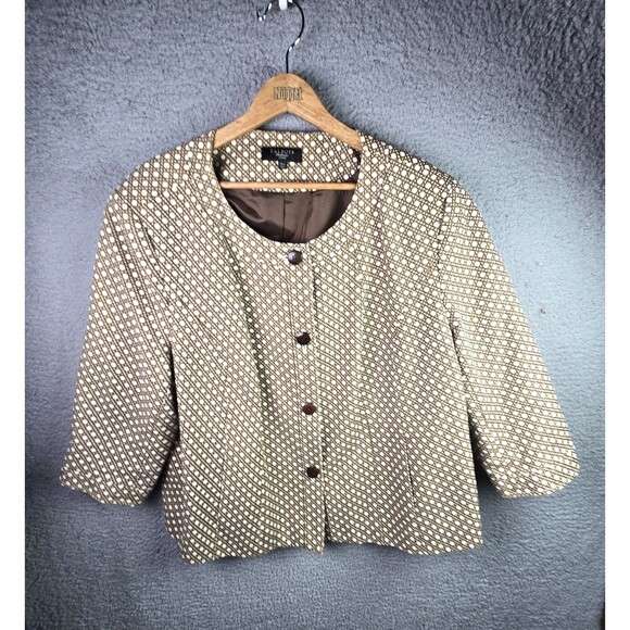 Talbots Womens 24W Brown Geometric Textured Jacket Button Front Classic Lined - Picture 1 of 12